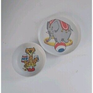 Vintage Plastic Melamine Prolon Melmac Childs Plate & Bowl Circus Tiger Elephant